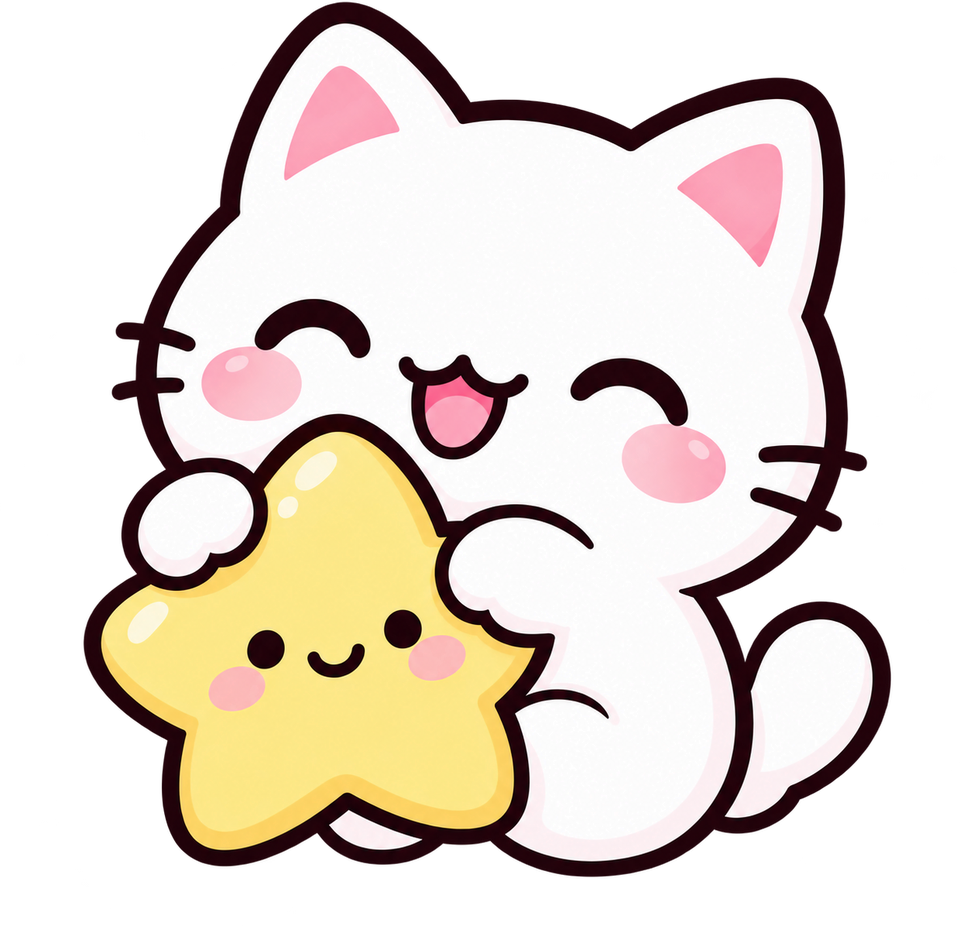 Kawaiibo, a cheerful white cat hugging a smiling yellow star