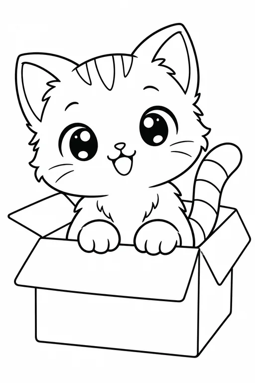 Smiling striped kitten peeking out of an open cardboard box, with its paws resting on the edge.
